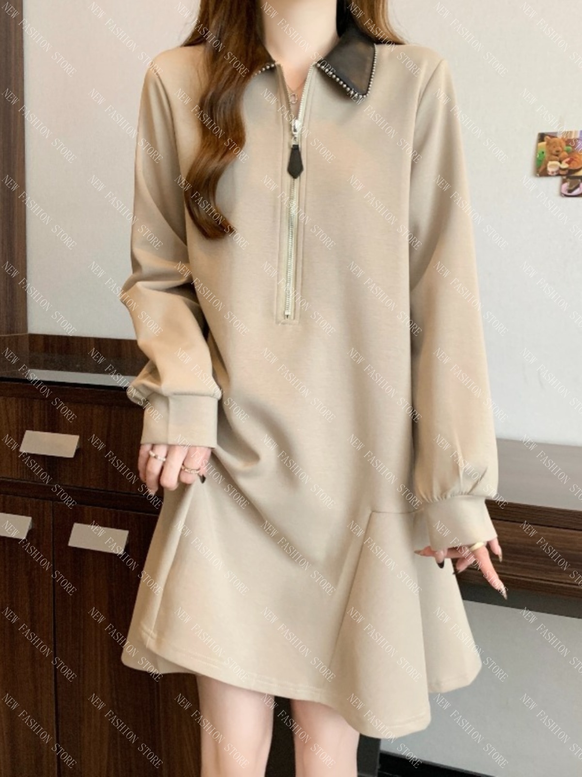 大きいサイズの長袖ワンピース女性の秋冬衛衣スカート-53