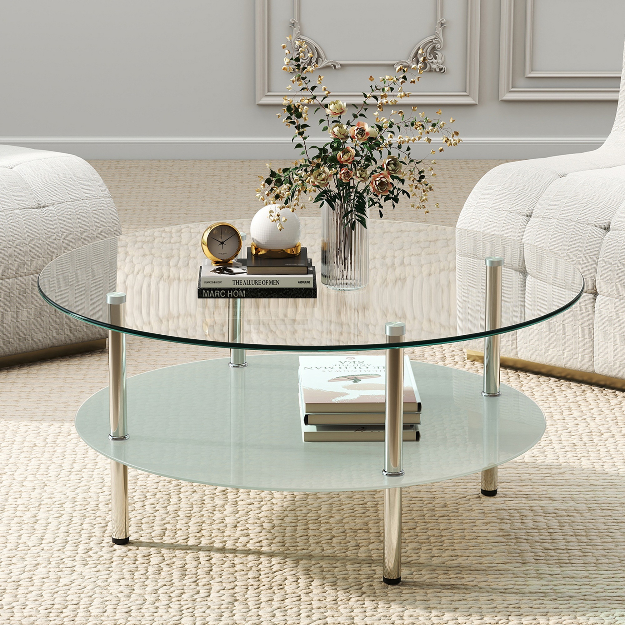 【送！料無！料　30日保証】二段ラウンドコーヒーテーブル 強化ガラス天板+型くずれガラス収納棚 ミニマリストデザイン リビング専用 クリア