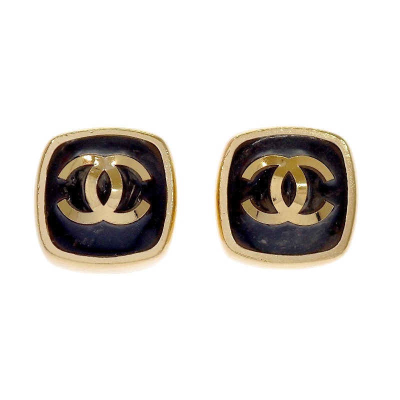 CCスクエア スタッド ココマーク ピアス 両耳 L22B メタル ブラック ゴールド金具 レディース アクセサリー【ABランク】