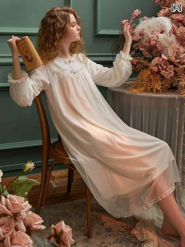 ネグリジェ パジャマ レディース 長袖 レース シフォン ワンピース ドレス 上品 シンプル フレンチ ルーム ナイト ホームウェア