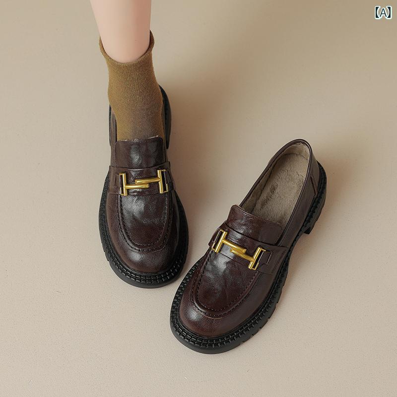 ローファー レディース 通学 通勤 学生 カレッジ 仕事 オフィス 秋冬 シープスキン 女性 ベルベット ミディアム ヒール 太い ヒール ウール 靴 女性 アウターウェア ラウンドトゥ 靴