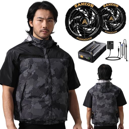 [DAONACA] 作業服 半袖 【42V超高出力 40500MAHバッテリー】 ファン付き作業服 25H連続稼動 2種類駆動モード 7段階風量調節 ウェア 100%ポリエステ 作業着 UVカット P