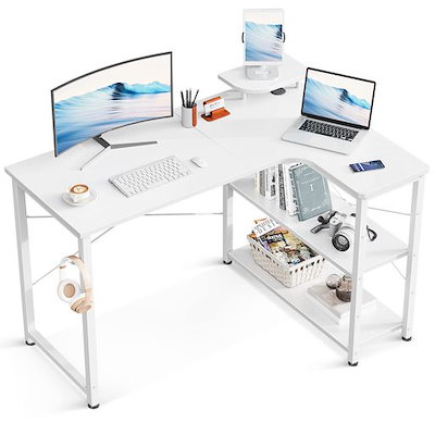 他サイト： ODK パソコンデスク L字デスク 幅110 ゲーミングデスク PCデスク デスク 机 コーナーデスク L字型 ラック付きデスク 収納 オフィスデスク 在宅勤務 組立簡単 ホワイト 右棚の商品画像