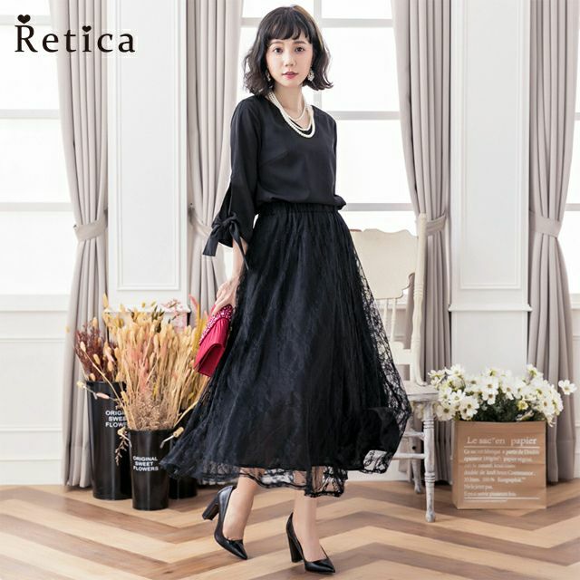 パーティードレス ロング 大きいサイズ 上下セット aライン フレア 七分袖 セパレート リボン 結婚式 レース レディース ネイビー パーティー フォーマル ワンピース 袖 入学式 卒業式 入園式