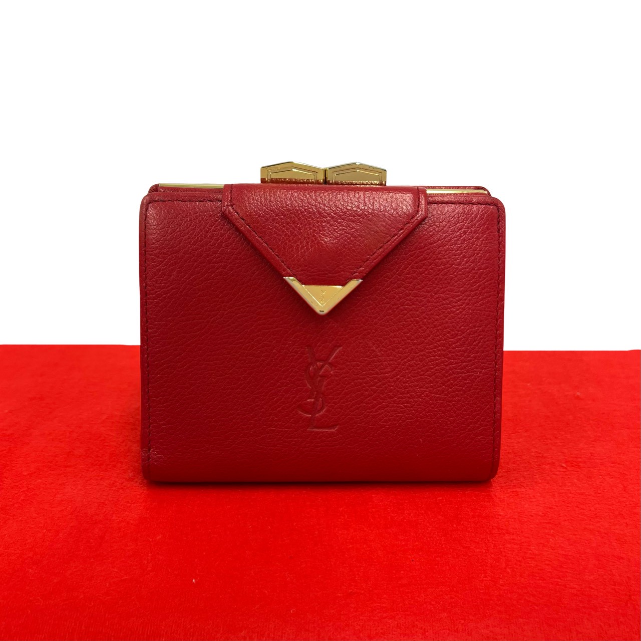 ヴィンテージ YSL ロゴ二つ折り財布 レザー レッド 281-3