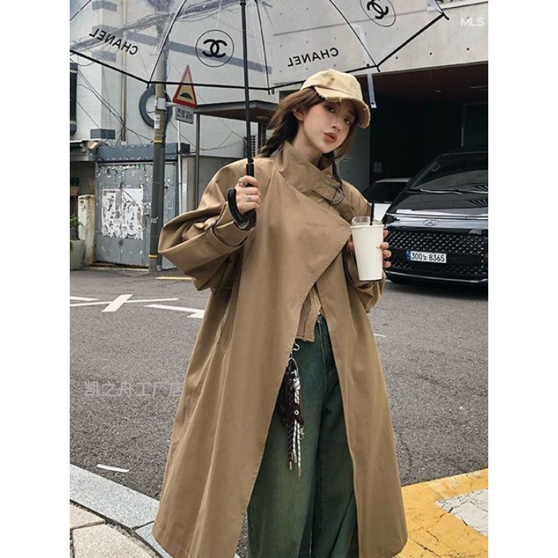 韓国カーキロングプロファイルウインドブレーカーコート女性のための 2025 秋ハイエンドスタンドカラー膝上カジュアル人気コート