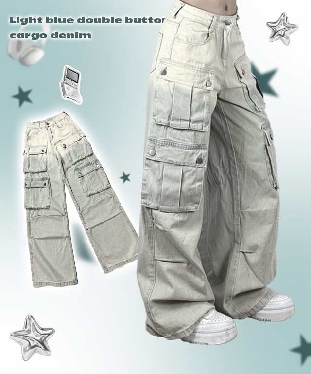 [ビンテージヒップ] SML 薄色デニム ワイド ダブルポケット カーゴ ジーンズ