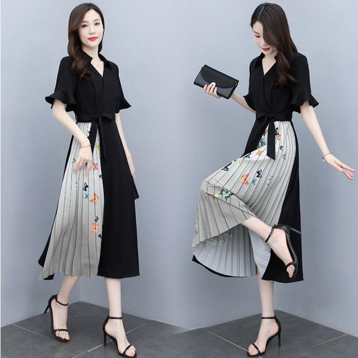 シャツワンピース レディース マキシワンピース 春夏 半袖ワンピース シフォンワンピース 蝶柄 配色 プリーツスカート オシャレ通勤 OL 大人 上品 着痩せ