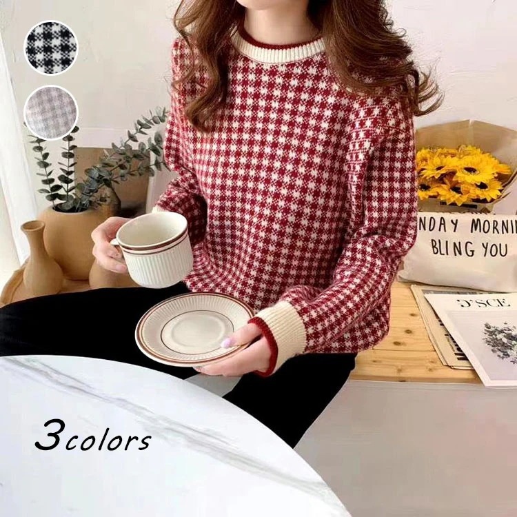 ニット セーター レディース 長袖 カットソー 丸首 チェック柄 トップス カジュアル シンプル ニット 韓国風 大人 可愛い 着痩せ おしゃれ 代 30代 40代