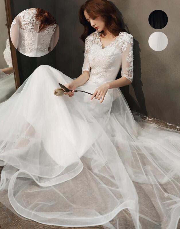 ウエディングドレス ハイエンド 忘年会 結婚式 フォーマル 洋服 パーティードレス 成人式 着痩せ プリンセス イブニングドレス 二次会 ロング丈ドレス 卒業式 入学式 5分袖 ファスナー 素敵 白/