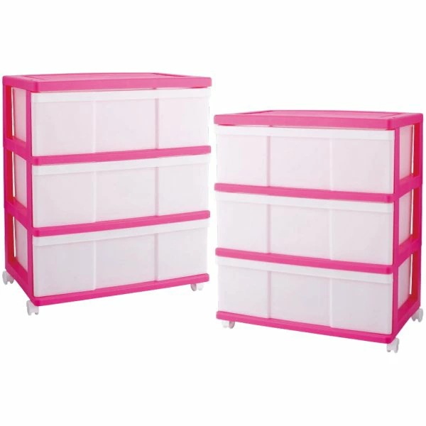 収納ケース プラスチック 引き出し ワイド 3段 2個組 幅60 おしゃれ ピンク キャスター付き 6,535円