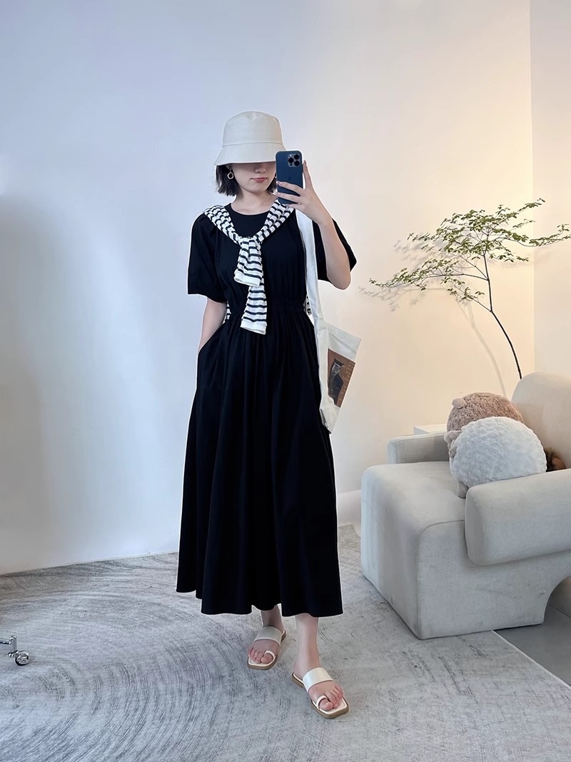 ドレス スリム ウエスト スカート スリム ラウンドネック 半袖 夏 Aライン ロング ドレス ワンピース ロング ロング丈 袖あり 半袖 5分袖 五分袖 パフスリーブ ラウンドネック 襟なしその他 ワンピース・ドレス