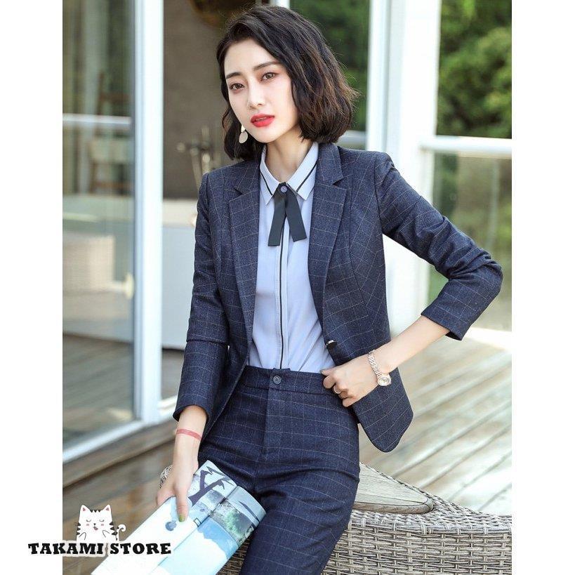 チェック パンツスーツ レディース セットアップ スーツ ジャケット パンツ スリム おしゃれ 大きいサイズ 3L 4L 5L 通勤服 オフィス 黒 赤