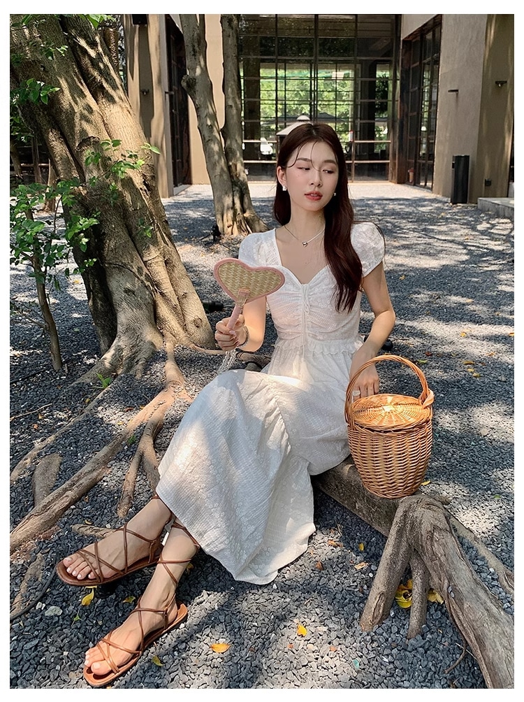 夏 フランス エレガント ソリッドカラー 刺繍 トップ ＋ スカート 女性 ファッション スーツ 個性的 セットアップ ロング ロング丈 マキシ マキシ丈 袖あり 半袖 襟なし かわいい 大人可愛い