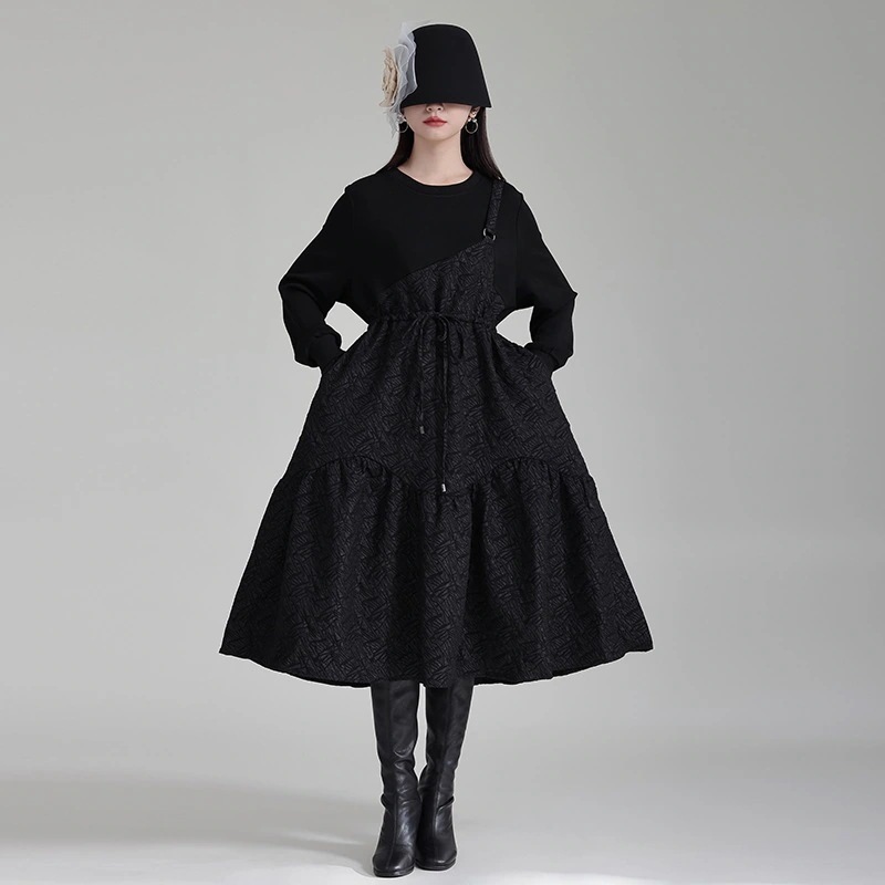 【J.Fashion】 レトロ ドッキング 長袖ワンピース ニセ2セット 巾着 秋冬 おしゃれ キャミワンピース 関連商品は店で購入可能 メガ割30%までに制限