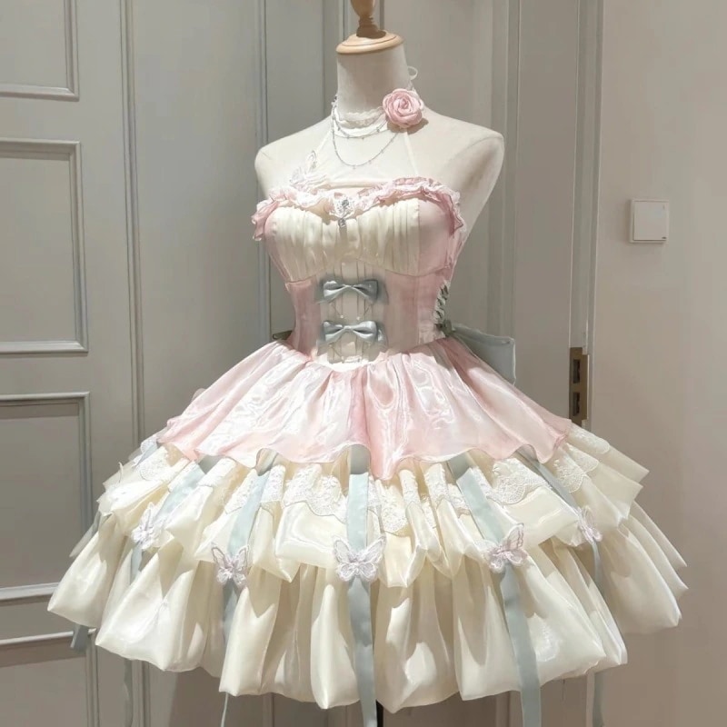lolita プリンセススタイル ハンギングネック サスペンダー ショートスカート パフスカート スモールフレッシュ