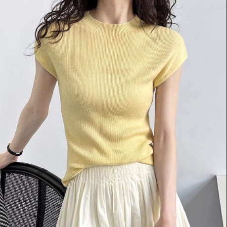 レディース トップス ニット セーター サマーセーター サマーニット ウエスト丈 ノースリーブ フレンチスリーブ ストレート リブ リブニット リネン コットン ウール シルク きれいめ シンプル