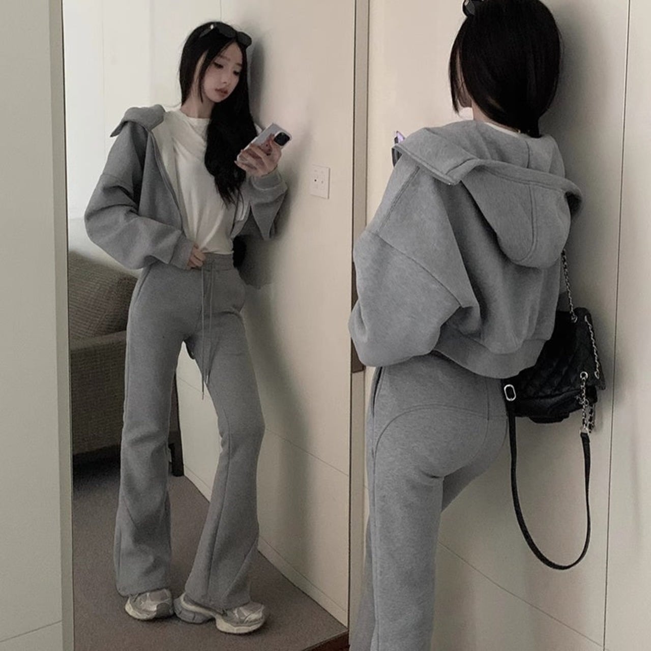 スウェット セットアップ レディース パーカー フレアパンツ 韓国 ファッション ショート丈 ハイネック パーカー モックネック ハイネック フード 上下セット