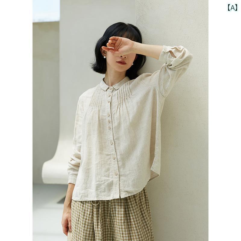 レディース　　シャツ　トップス Forget City Y 520 シート / プレーン ライフ 初秋 14 ストリップ ヤーン アーティスティック リネン アコーディオン プリーツ シャツ レディー