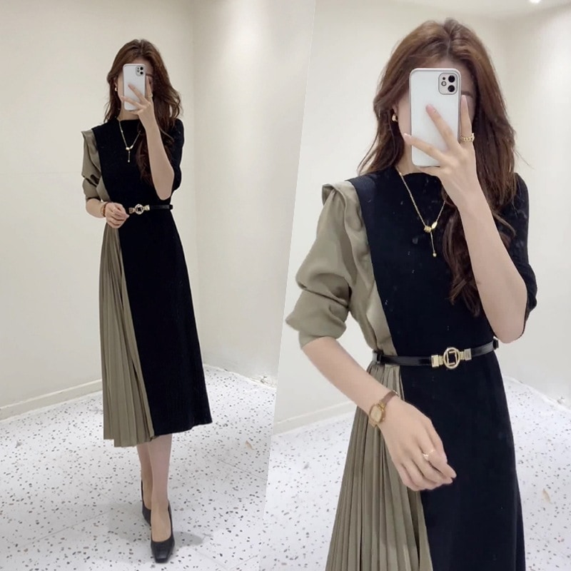 ワンピース ワンピドレス 膝下 ミモレ ミモレ丈 長袖 ラウンドネック ストレート 切り替えデザイン プリーツ フリル ベルト ウエストマーク かわいい 大人可愛い きれいめ シンプル 大人 上品