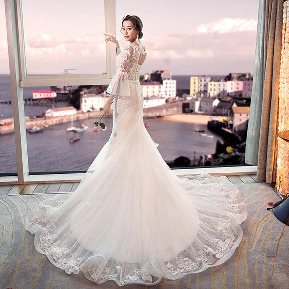 マーメイドドレス 安い 長袖 ウェディングドレス 結婚式 ウエディングドレス 花嫁 ロングドレス 二次会 ブライダル バックレス 披露宴 ロングトレーン