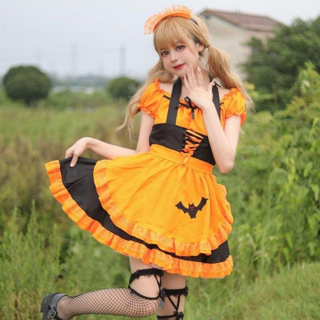最安値!ハロウィン 今年 短纳期 刺繍 バット お祭り メイド服 コスプレ 撮影 大きいサイズ ワンピース