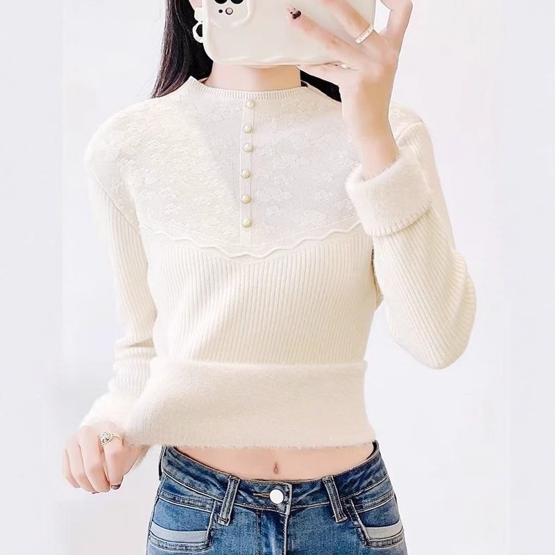 10個セット ハーフハイネック厚手一体ダウンニットインナーカーディガン女2025秋冬トリムレースニットボトム