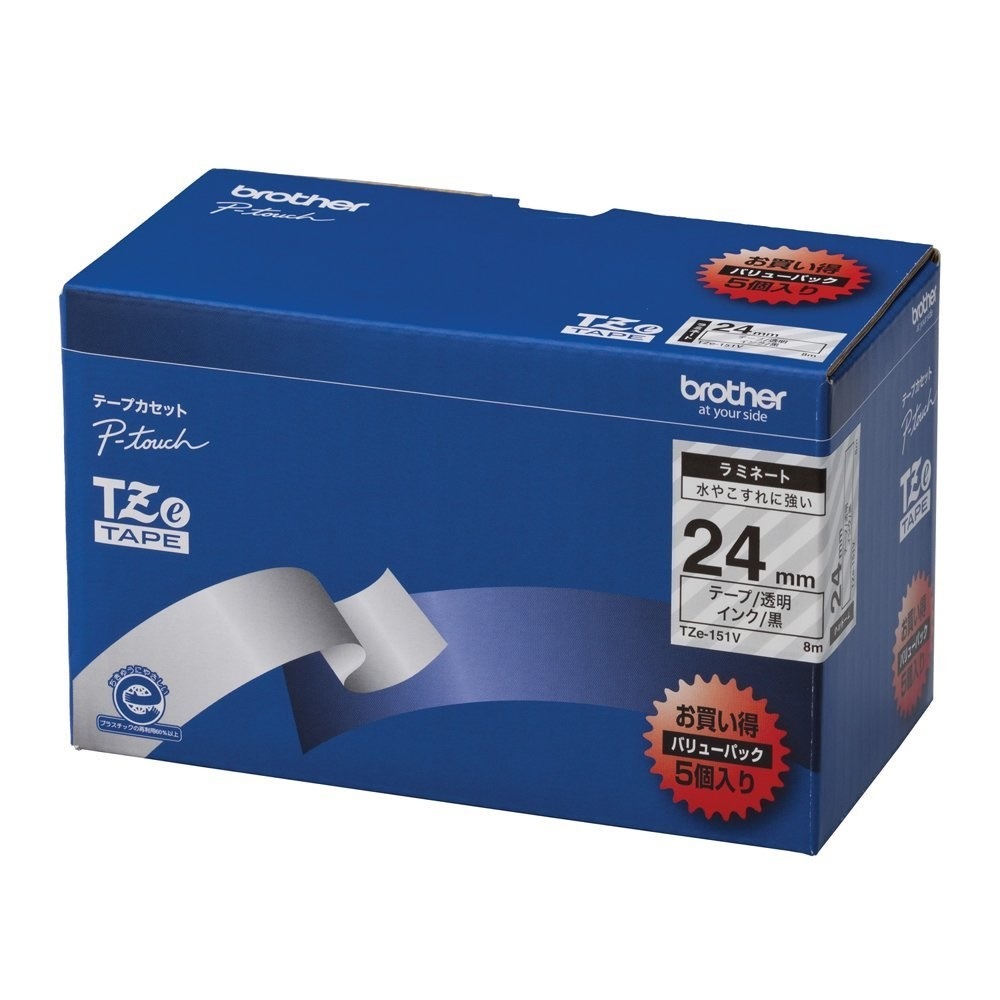 （まとめ買い）ブラザー ピータッチテープ ラミネートテープ 透明地/黒字 24mm 5本パック TZE-151V [x3]