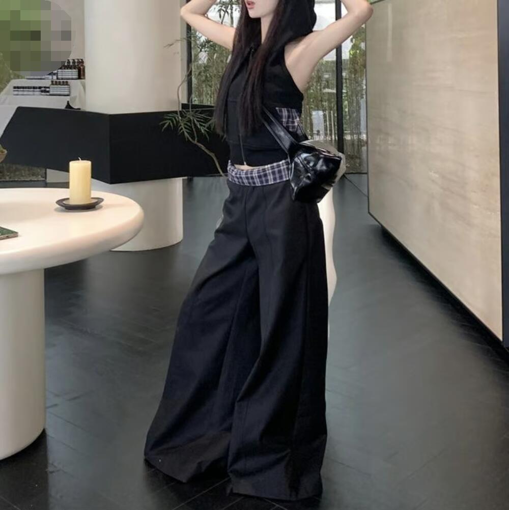 セットアップ ジップアップ ノースリーブ パーカー ワイドパンツ チェック柄 オープンバック トップス モップパンツ ハイウエスト レトロ 大人可愛い ガーリー