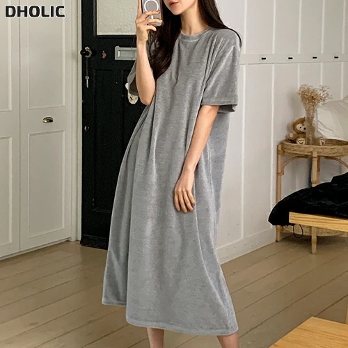 ベロア裏起毛半袖ロングラウンドネックワンピース・1953715