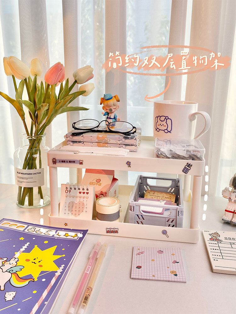 日本式の2階のデスクトップの置物棚は簡単にins化粧品の