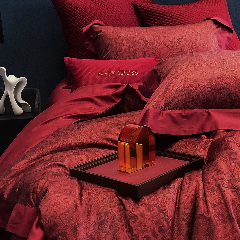 ハイエンド50ロングベルベットコットン4ピースセットピュアコットンウェディングレッドプリントキルトカバーウェディング1.8寝具 11,581円