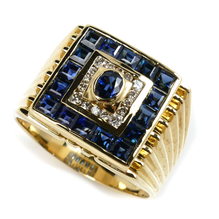 K18YG イエローゴールド リング・指輪 ダイヤモンド0.17ct サファイア2.40ct 22号 14.0g メンズ 中古
