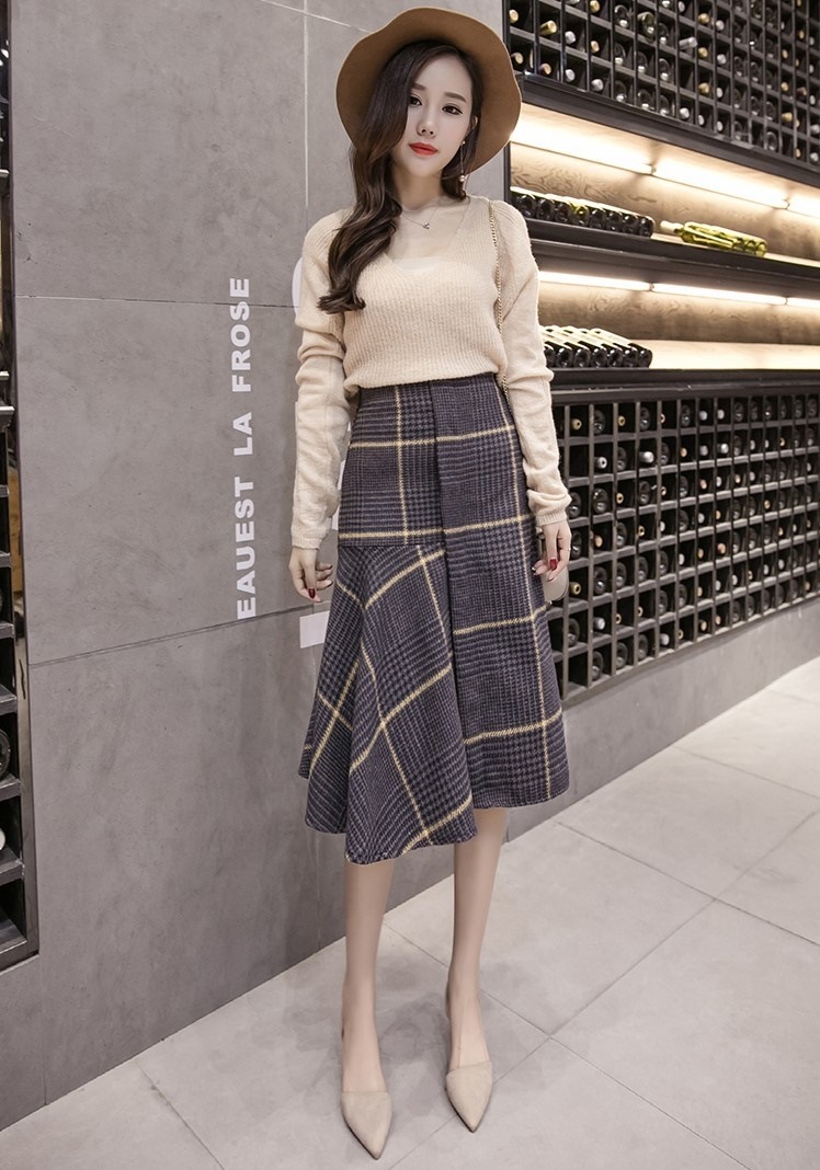 3347.チエック柄ミモレ丈スカート（グレー）2019春夏 sale ボトムス フリル 美ライン おしゃれ カジュアル 大人ガーリー ハイウェスト きれいめ スカート お出かけ お呼ばれ 女子会 普段