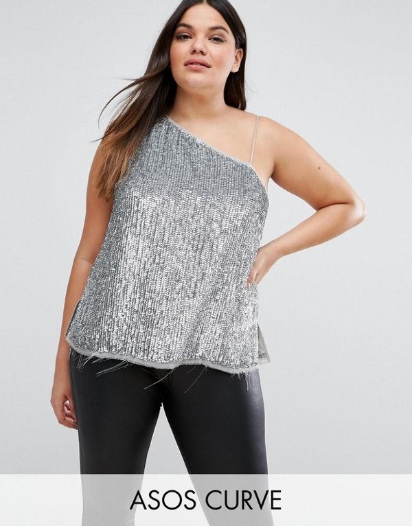 ASOS エイソス レディース 大きめサイズ ゆったりサイズ 送料無料 Silver CURVE One Shoulder Top in Sequin