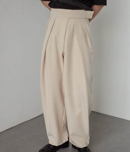 メンズ パンツ ボトムス 丈長 フルレングス ワイド 調節可能 タック ポケット ハイウエスト マジックテープ かわいい シンプル カジュアル おしゃれ かっこいい レトロ こなれ感 ラフ ルーズ 個