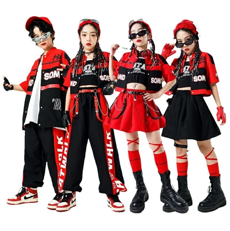 キッズダンス ブラック 赤 黒 レーシング ダンス衣装 子供服 ヒップホップ セットアップ ブ 半袖 ジャケット パンツ スカート 単品OR セット 男の子 女の子 ja キッズダンス衣装