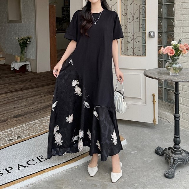 レディース ワンピース 膝下 ミモレ ロング 半袖 ドロップショルダー クルーネック 襟なし ノーカラー 切り替え 切り替えデザイン 大人可愛い シンプル カジュアル 上品 おしゃれ こなれ感 個性的