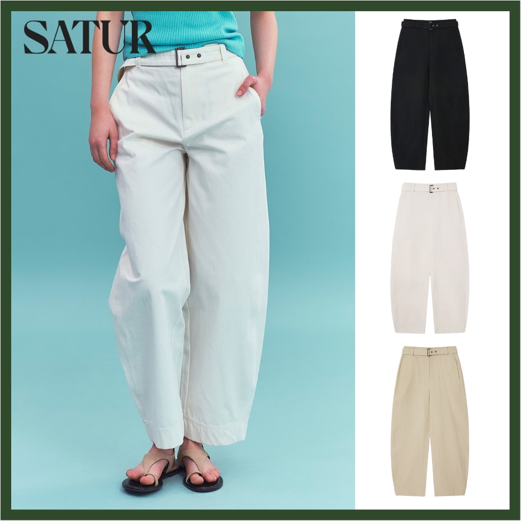 (W) Belted Cotton Barrel Fit Pants