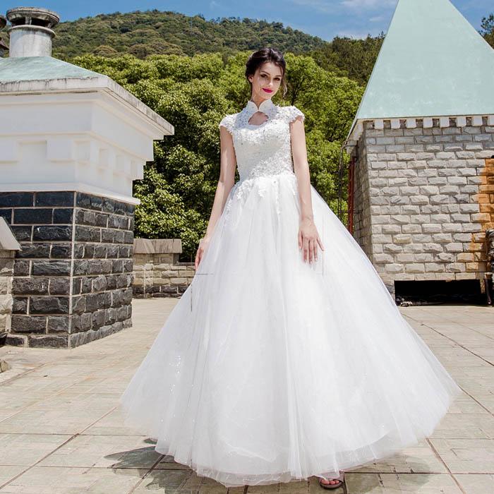 ウエディングドレス 二次会 花嫁 ウェディングドレス プリンセスライン 結婚式 ブライダル ロングドレス 披露宴 立ち襟 チャイナ風 ホワイト レース 編み上げ