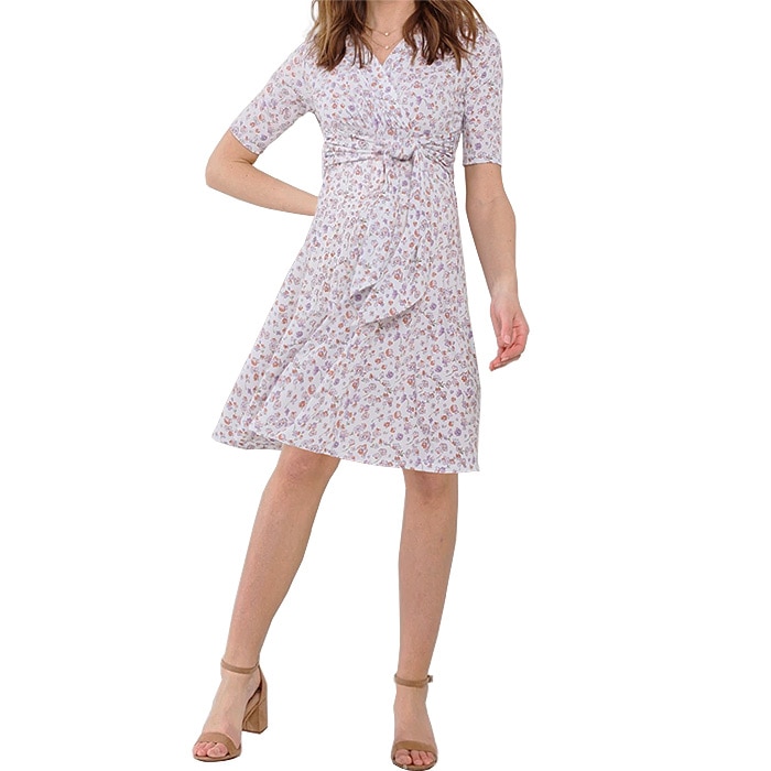 ワンピース 膝丈 5分袖 Vネック カシュクール LAインポート小花柄 Aライン ハイウエストリボン S.M.L.XL ホワイト FROM USA HM240701LA021