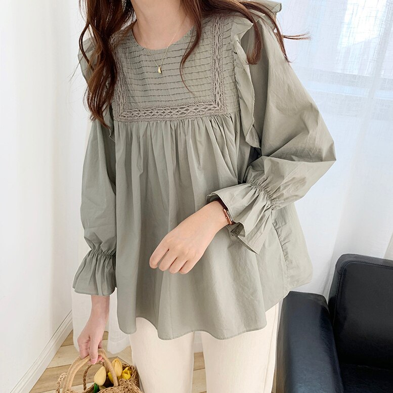 3color フリルショルダー長袖ブラウス ショルダーフリルパフスリーブブラウス ショルダータックパ