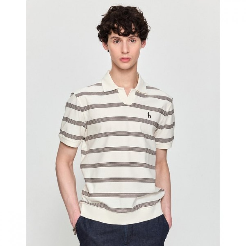 [25SS] クリームストライプスリットネック T シャツ HZTS5B407CR