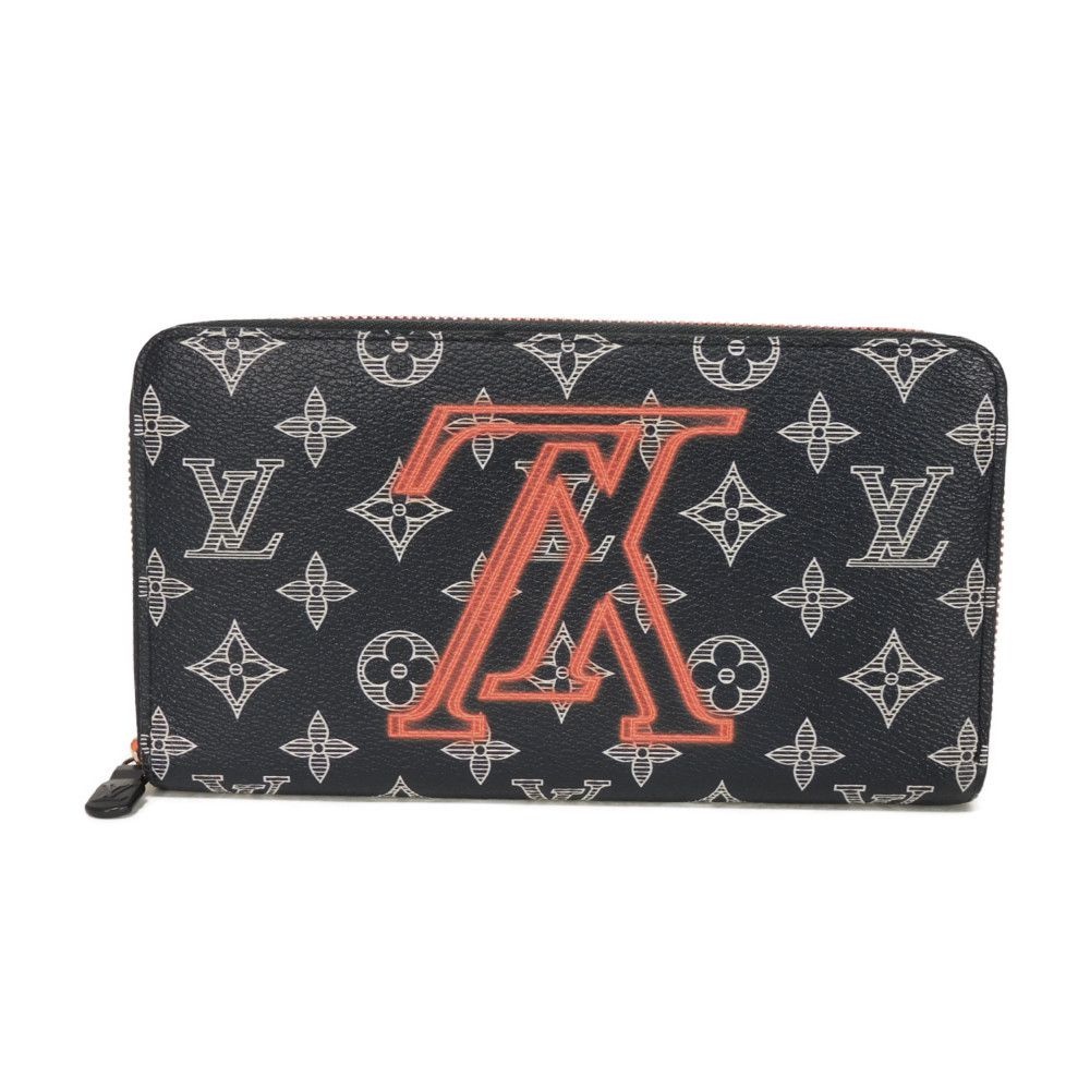 【中古】 長財布 LVロゴ フラワー ネイビー ピンク ジッピー オーガナイザー NM モノグラム インク アップサイドダウン M62931