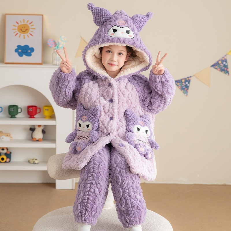 3層綿入り子供用パジャマサンゴの綿毛と綿毛で厚く冬の中学生の女の子クロミスリーパーの部屋着