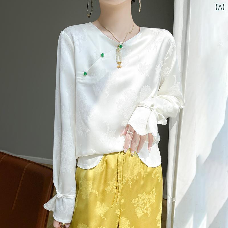 レディース トップス シンプル おしゃれ チャイナ風 大きめサイズ アセテート サテン 無地 ジャカード ラウンドネック 長袖 Tシャツ 5,700円