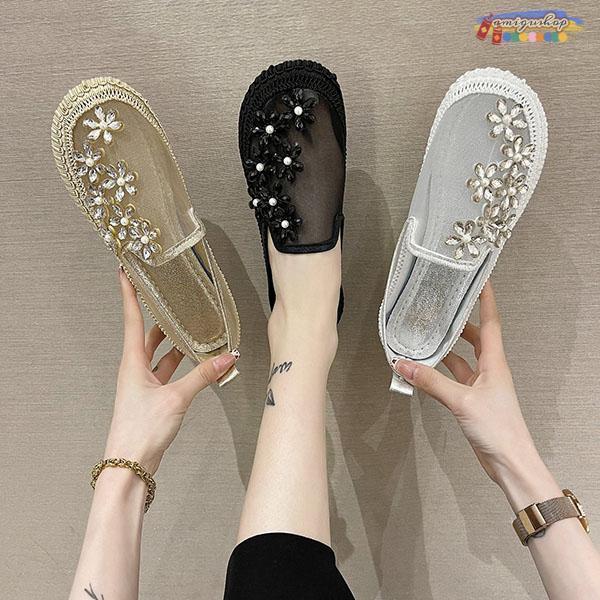 スニーカー スリッポン 楽ちん 煌め レディース 軽量 おしゃれ かわいい カジュアル ビジュー レース 花柄 シンプル 無地 透け感 疲れにくい きれいめ 可愛い