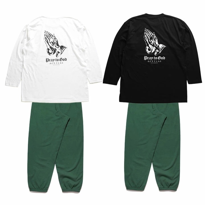 ACE FLAG 上下セット 長袖 ブランド スケボー メンズ 春秋冬用 白 黒 大きいサイズ エースフラッグ セットアップ ロンT スウェットパンツ Praying