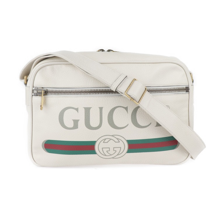 美品 GUCCI グッチ ショルダーバッグ 523589 ロゴプリント レザー アイボリー メッセンジャーバッグ ホワイト系【本物保証】