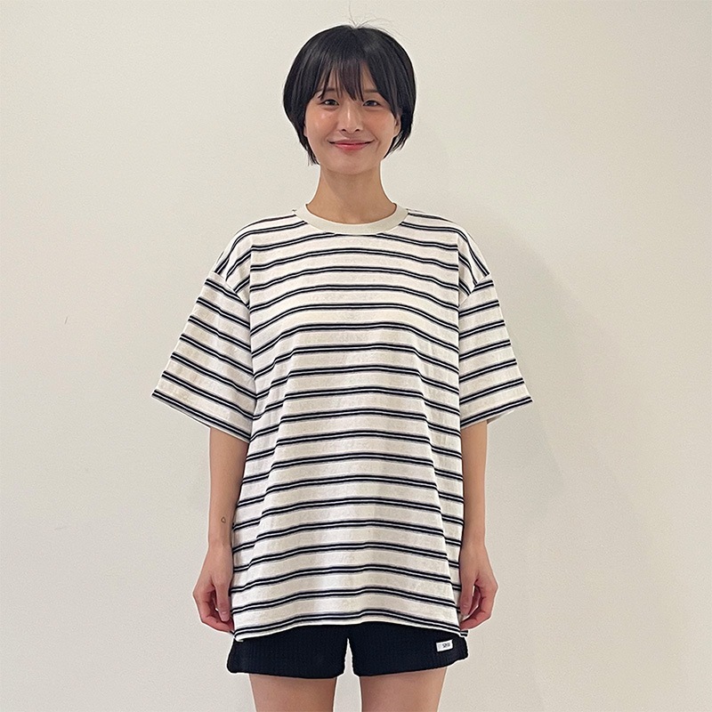 ストライプビスケット ルーズフィット 半袖Tシャツ (アイボリー)